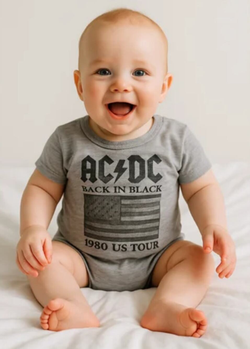 AC/DC Baby Tee Back In Black 1980 Tour Rock Band Gray 0-3M